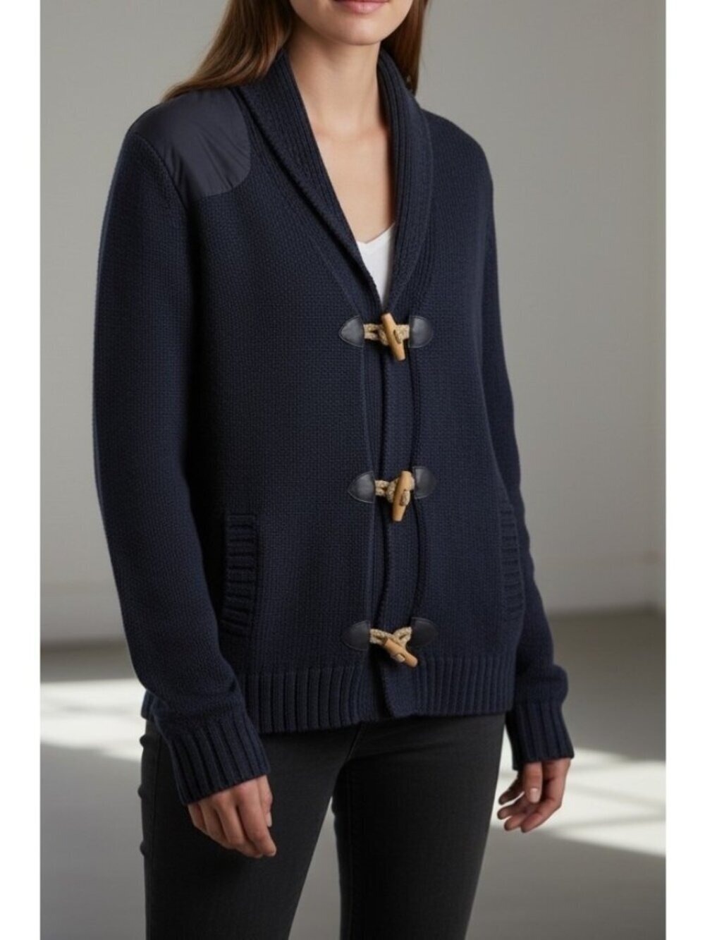 AllSaints Spitalfields Navy Toggle Cardigan Cotton Knit Shawl Collar Size S